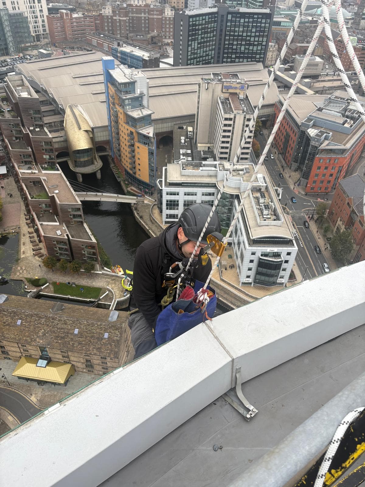 Rope access window cleaning at Bridgewater Place in Leeds